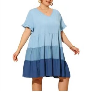 Agnes Orinda Blue Chambray Tiered Mini Dress 2X (5341)